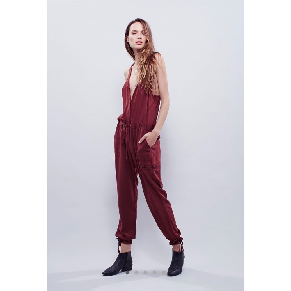 Free People Roaring Rayon Jumpsuit Maroon Utility Sleeveless Open Back